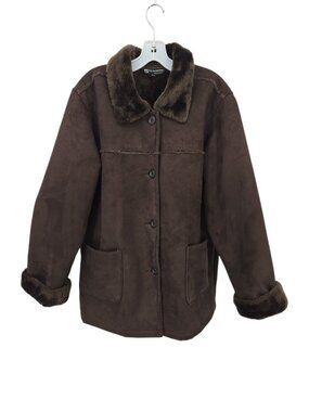 Womens Faux Fur Collar Coat XL Faux Suede Chocolate Brown Barn Chore Winter